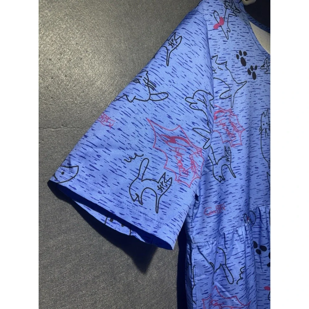 Fashion Dress Women's Blue Cat and Paws Print Short Sleeve